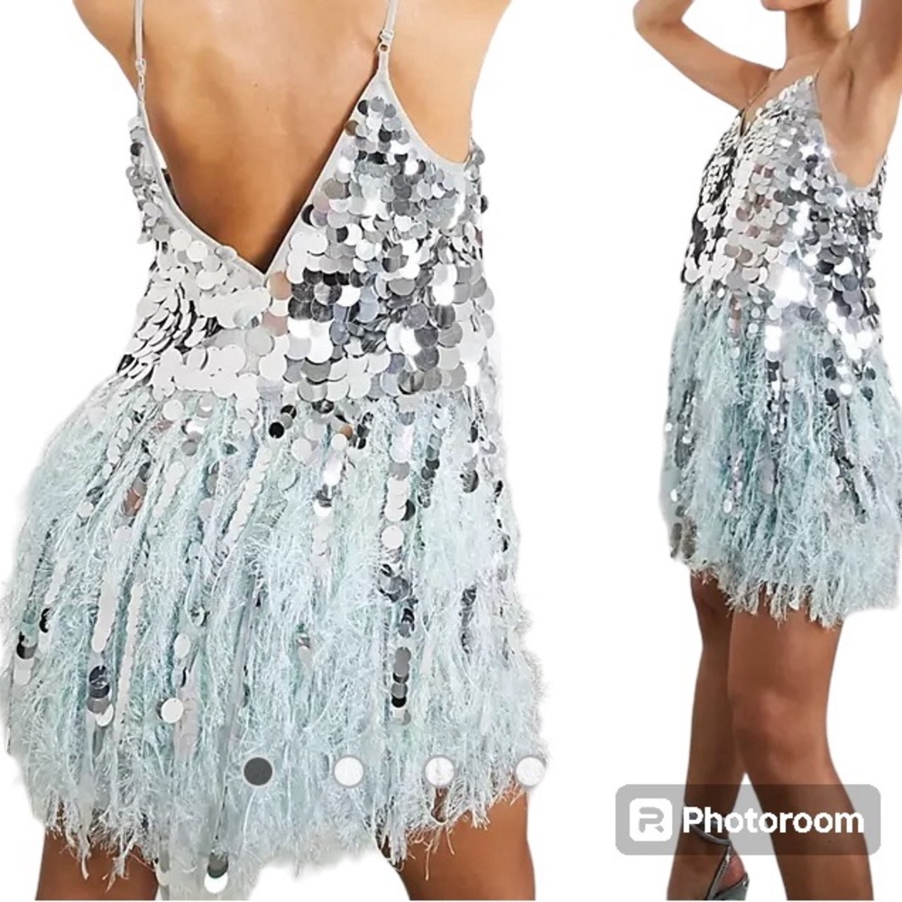 ASOS EDITION NWT Paillette Dress faux feather sequin in silver/light blue. 10.